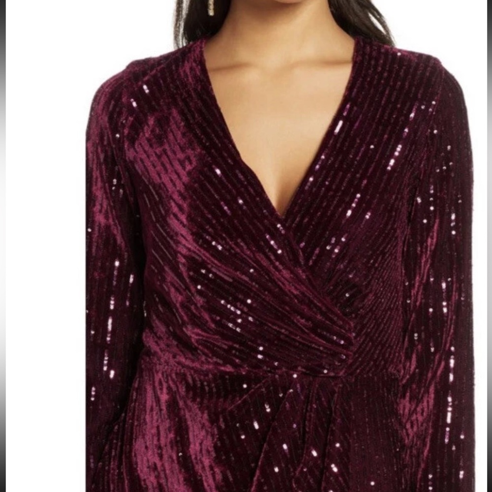 JULIA JORDAN Velvet Ribbing Foil Long Sleeve Dress Wine Red Faux Wrap, Size: 10 - Picture 4 of 8